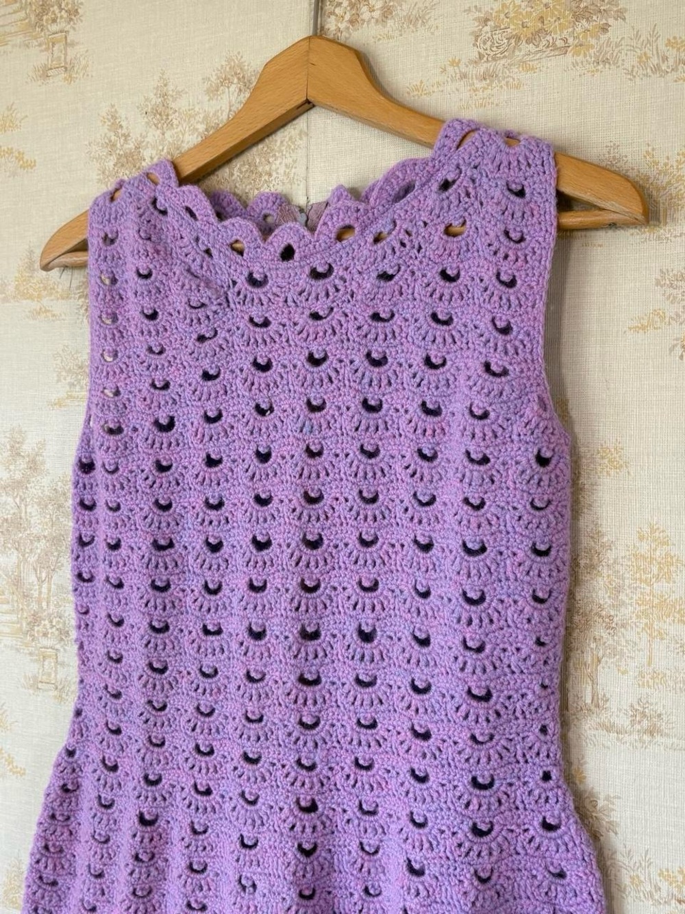 Vintage 60s 70s Purple Crochet Knit Mini Handmade Dress Retro Boho Mod - Picture 2 of 7